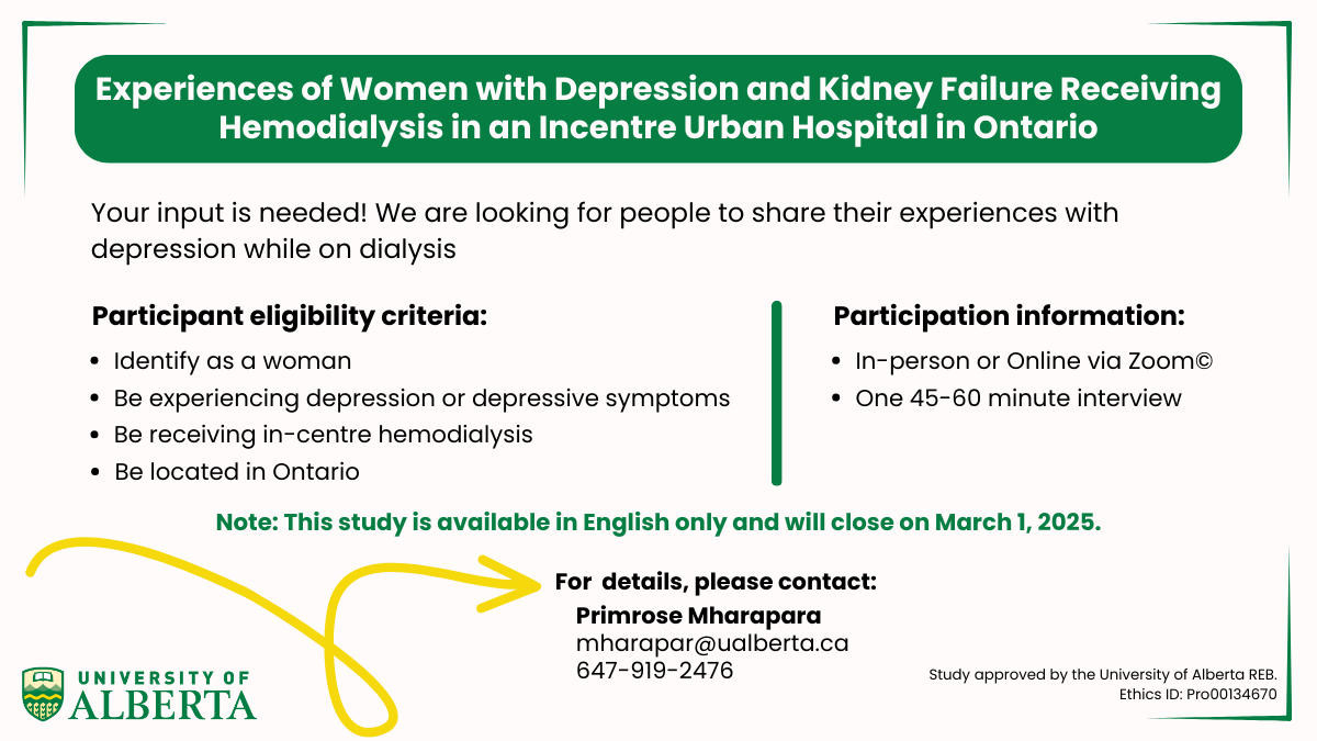 Un graphique résumant une recherche menée par Primrose Mharapara de l’Université de l’Alberta et intitulée Les expériences de femmes souffrant de dépression et d’insuffisance rénale au stade terminal et sous hémodialyse dans un centre hospitalier urbain en Ontario.