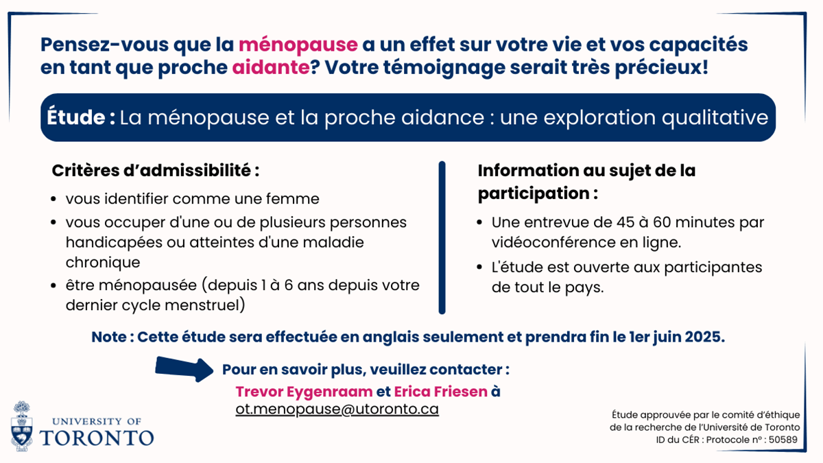 Graphic with eligibility criteria and contact information for Menopause and Caregiving study.