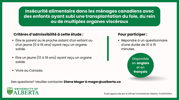 Insécurité alimentaire dans les ménages canadiens avec des enfants ayant subi une transplantation du foie, du rein ou de multiples organes viscéraux